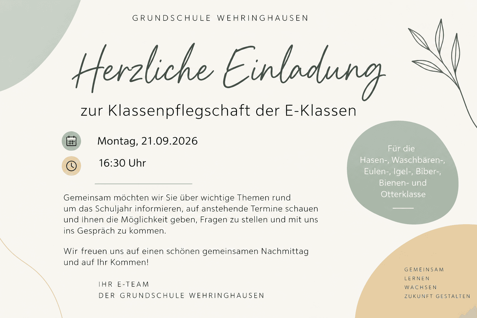 Herzliche Einladung zur Klassenpflegschaft der E-Klassen