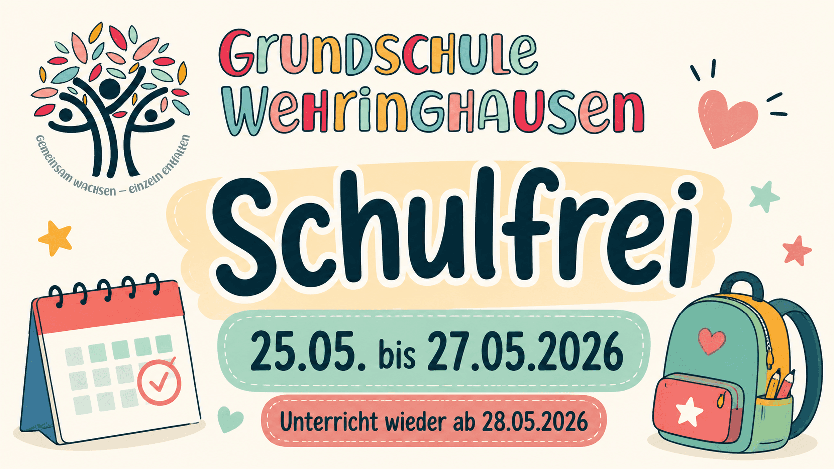 Schulfrei vom 25. bis 27. Mai 2026